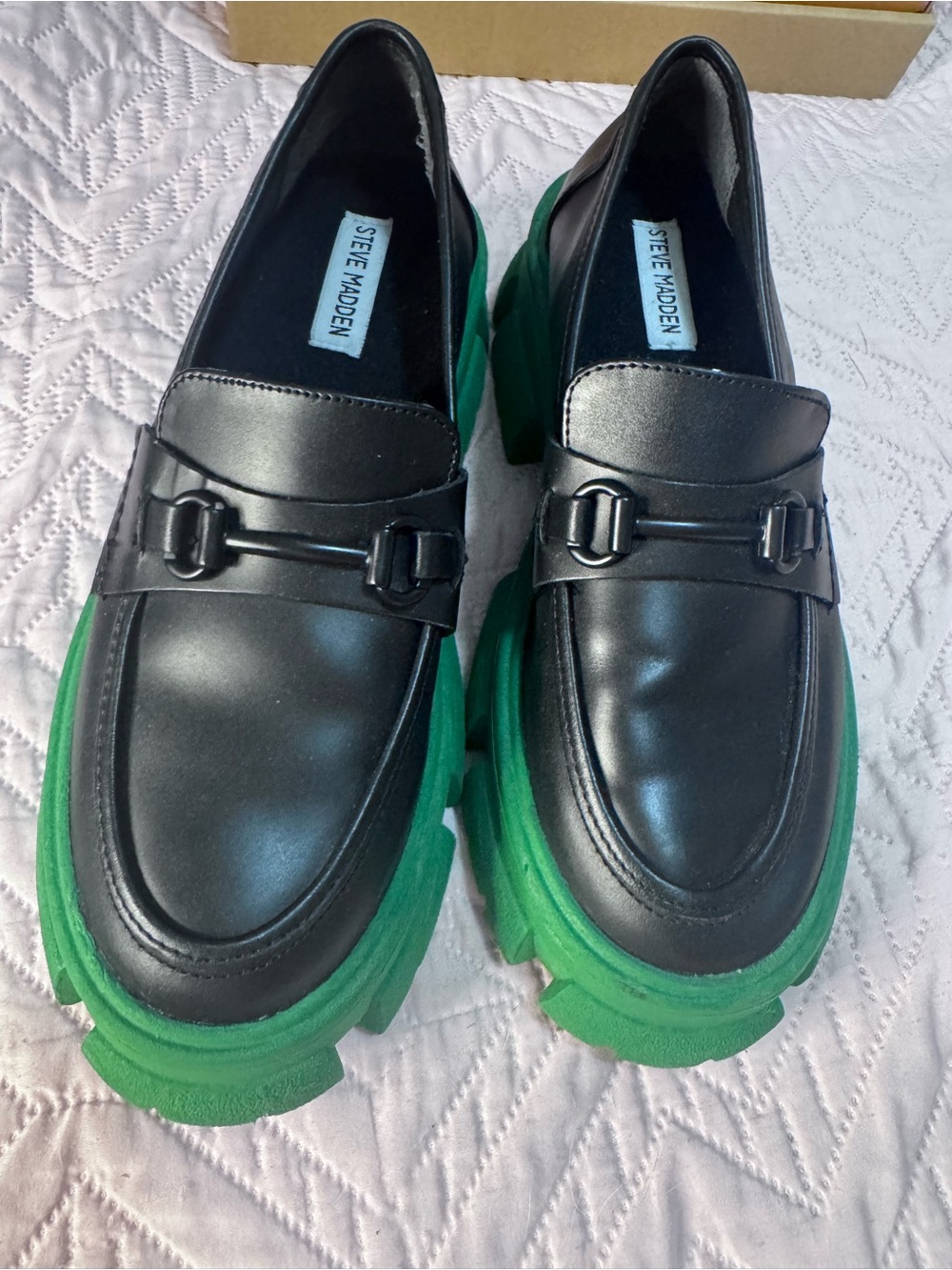 Steve Madden Black Leather Loafers with Green Platform Soles